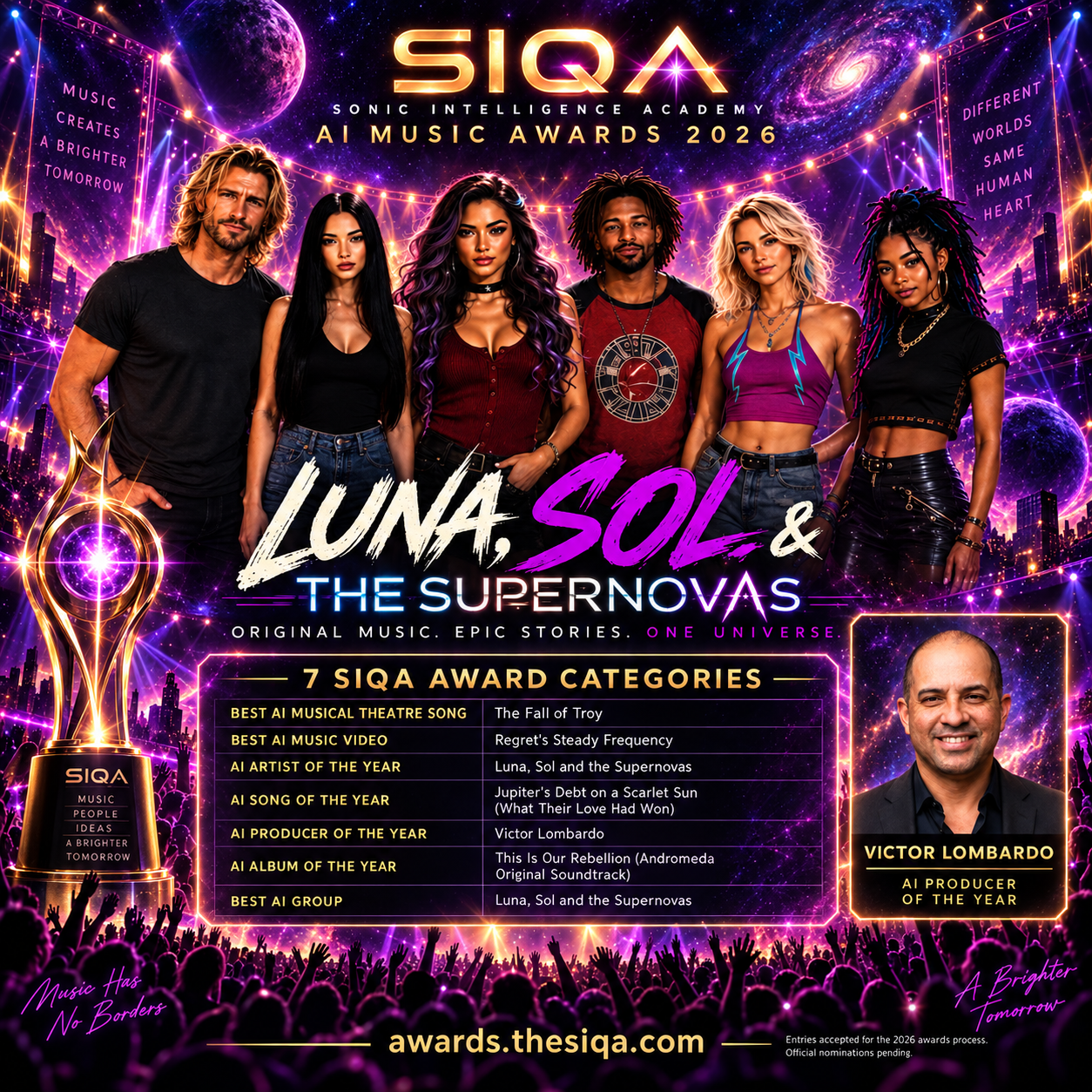 Luna, Sol and the Supernovas and Victor Lombardo — 2026 SIQA AI Music Awards submissions across seven categories